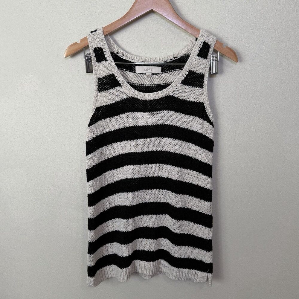 Loft Knit Striped Crochet Boho Tank Top Striped Cream Black Open Weave Womens M